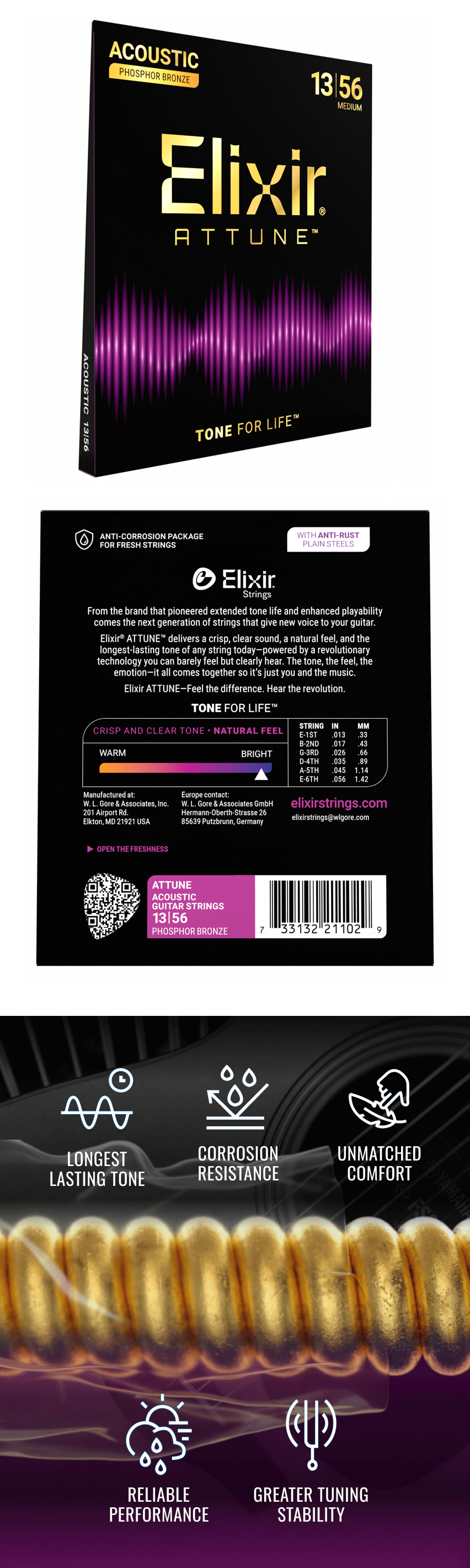 ������ Elixir Attune Phosphor Bronze ��ƪ ���Ÿ ��Ʈ�� 013-056 (21102) �� �̹��� 3